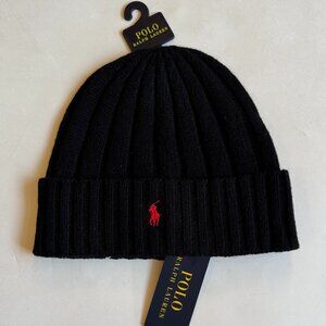 NWT Polo Ralph Lauren Wool Blend Cuffed Beanie Ski Hat Cap Black w/Red Pony